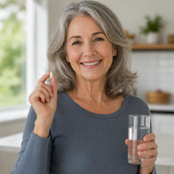 Woman taking a softgel with water